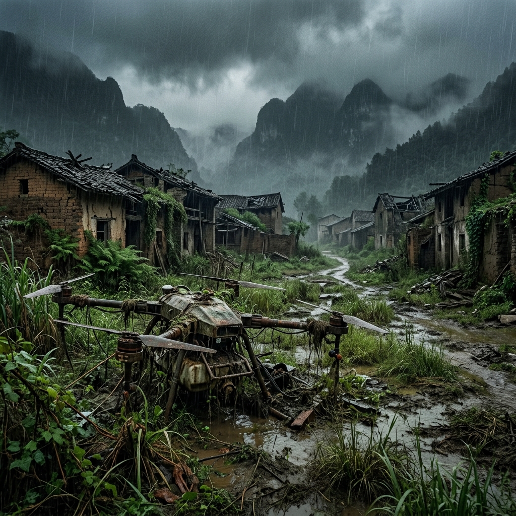 雨水泡烂的农田与锈蚀机械